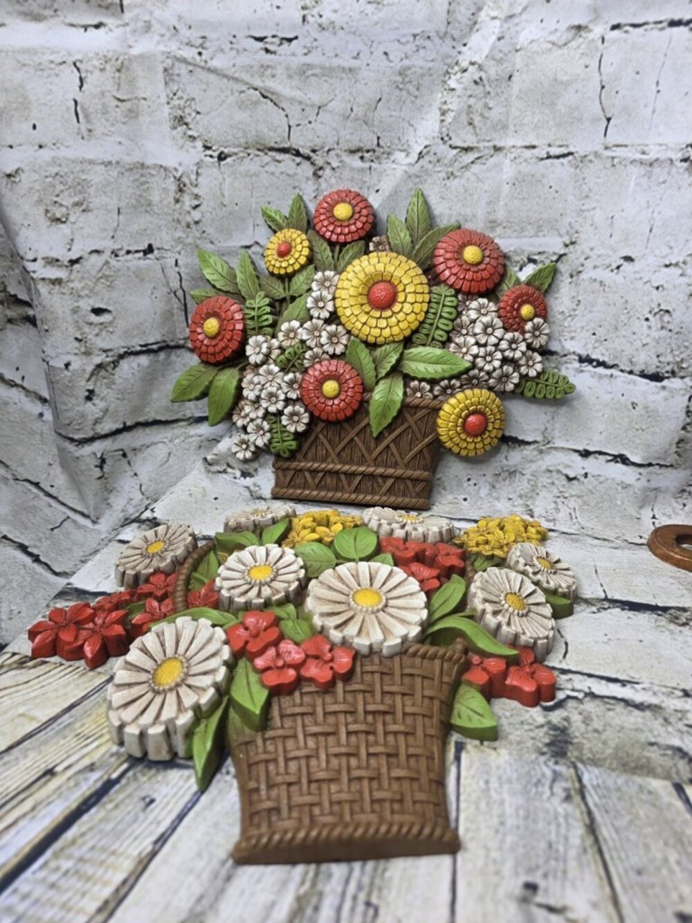2 Vtg Syroco Molded Plastic Flower Basket Wall Plaques Decor Retro 1975 USA 11"